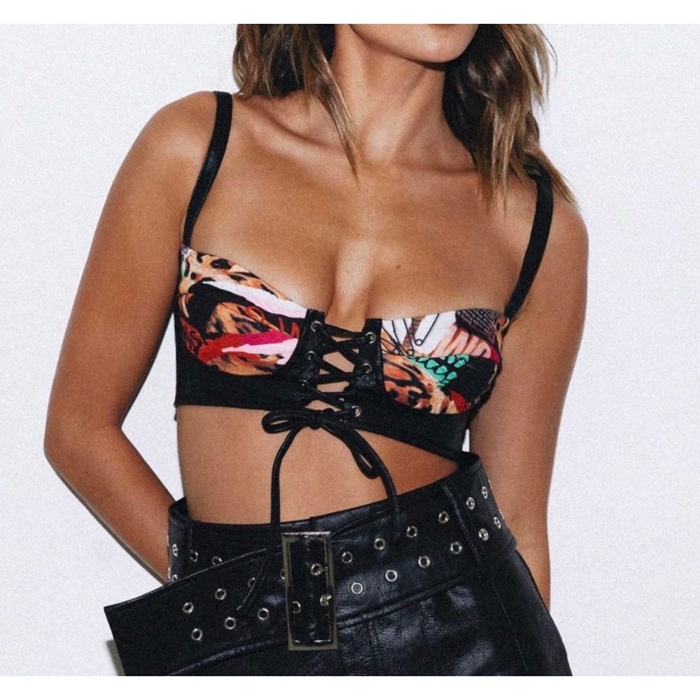 Princess Polly MainStage Black Faux Leather Lace Up Crop Bra Top 6